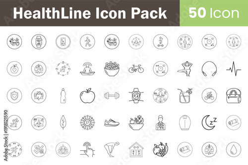 HealthLine 50 Icon Pack for Fitness Wellness Medical Healthcare and Healthy Lifestyle Design