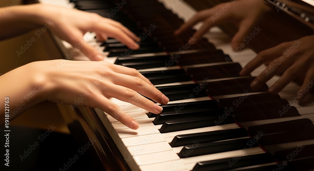 Fototapeta premium Elegant hands gracefully play intricate melodies on the grand piano keys