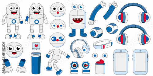 Colorful cartoon robots components and tech accessories scattered on white