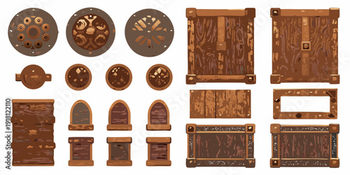 Collection of pixel art wooden shields and chests for game design