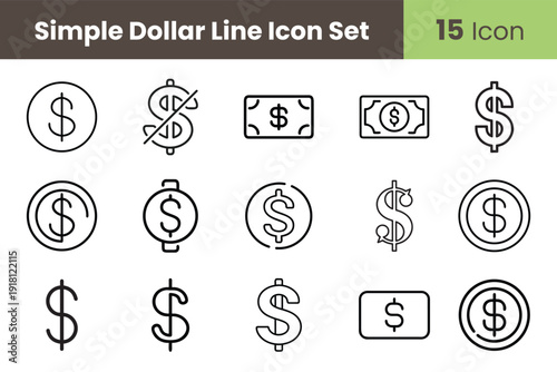 Simple Dollar Currency Line Icon Set for Finance Banking Money and Business Graphic Design