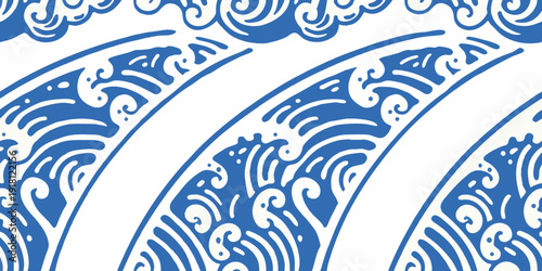 Blue wave pattern with stylized curls and repeating design elements