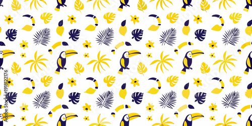 Seamless pattern featuring toucans tropical leaves and floral elements