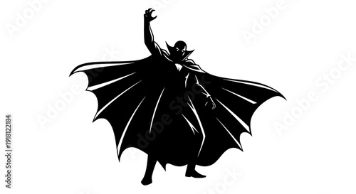 Vampire silhouette with open cape, dramatic pose, bold black solid shape, high contrast monochrome vector, white background, gothic Halloween design, clean flat illustration