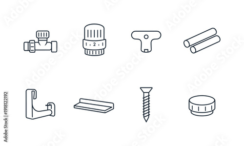 Home radiator accessories: radiator valve, thermostatic head, bleed key, pipe cover, wall bracket, radiator shelf, mounting screw, end cap