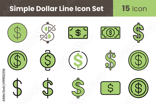 Simple Dollar Line Icon Set in Green and Black for Finance Banking Money and Business Use