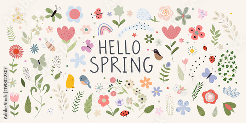Floral spring illustration with butterflies birds and the text hello spring