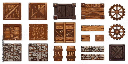 Collection of wooden crates planks and stone brick elements