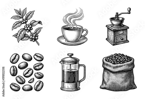 Vintage engraving style coffee collection featuring roasted beans, espresso cup, manual grinder, french press, and botanical cherry branch.