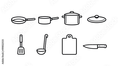 Home kitchen cooking utensils: frying pan, saucepan, stockpot, lid, spatula, ladle, cutting board, kitchen knife