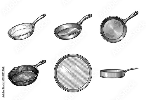 Set of vintage frying pan and skillet illustrations in a classic woodcut engraving style featuring multiple perspective views