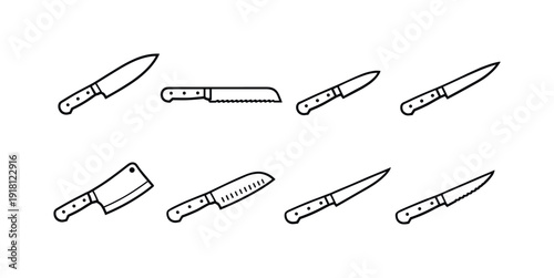 Home kitchen knife types: chef knife, bread knife, paring knife, carving knife, cleaver, santoku knife, fillet knife, steak knife