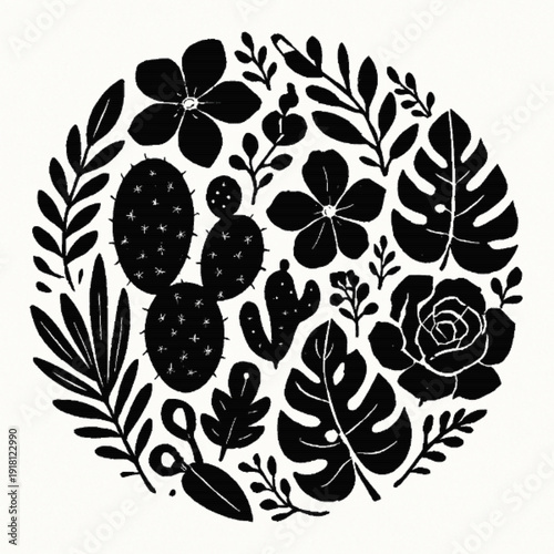 Black and White Botanical Circle Arrangement
