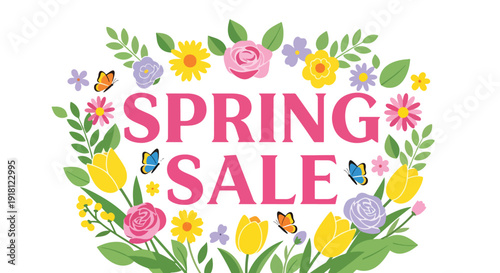 Spring sale vector poster with blooming flowers, butterflies, and fresh leaves surrounding copy space. Seasonal March promotion design perfect for retail marketing, advertising, and ecommerce campaign
