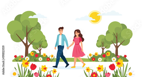 Spring season vector illustration of happy couple walking in blooming park with sunshine and flowers. Fresh lifestyle concept for seasonal advertising, travel promotion, and outdoor themes