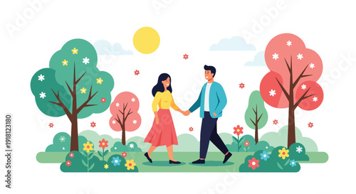 Spring season vector illustration of happy couple walking in blooming park with sunshine and flowers. Fresh lifestyle concept for seasonal advertising, travel promotion, and outdoor themes
