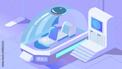 Futuristic medical pod with patient inside advanced hospital chamber for health diagnostics and recovery innovative healthcare technology flat isometric vector illustration