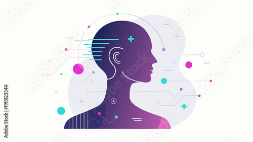 Abstract human head silhouette with digital particles and neural connections representing artificial intelligence and creative mind concept modern flat vector illustration on light background