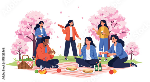 Spring picnic vector illustration with friends relaxing in park under blooming trees. Seasonal outdoor lifestyle concept for travel, leisure, and holiday marketing visuals