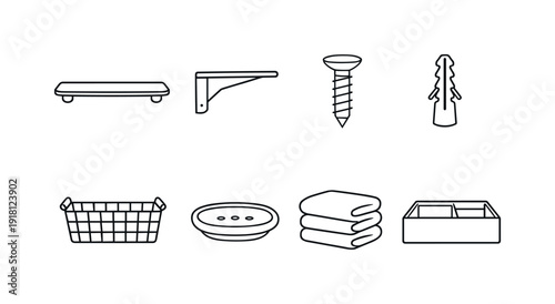 Home bathroom shelf items: glass shelf, shelf bracket, mounting screw, wall anchor, storage basket, soap tray, towel stack, organizer box