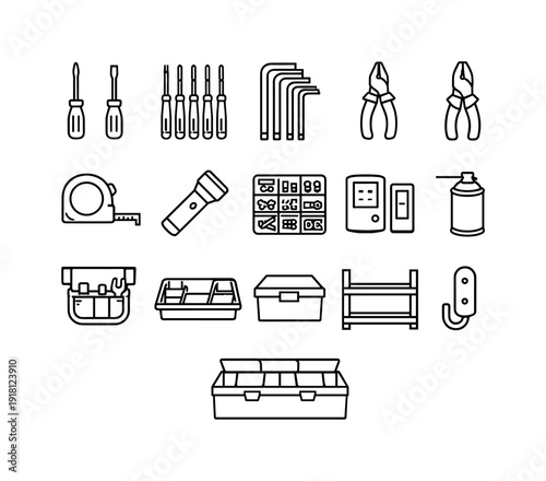 Office desk shared toolbox station: screwdriver, precision screwdriver, hex key, pliers, wire cutter, tape measure, flashlight, spare screw set, cable