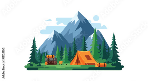 Spring camping vector illustration with tent in forest and mountain landscape. Outdoor adventure and travel season concept ideal for tourism and lifestyle marketing