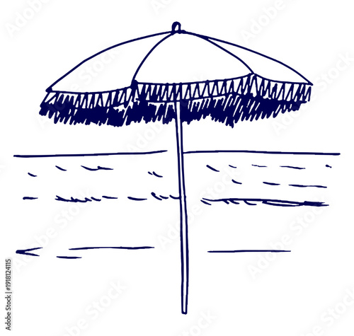 Hand Drawn Beach Umbrella and Sea Vector Illustration for Summer Design