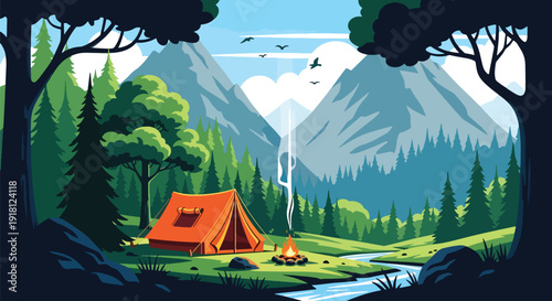 Spring camping vector illustration with tent in forest and mountain landscape. Outdoor adventure and travel season concept ideal for tourism and lifestyle marketing
