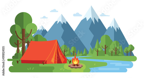 Spring camping vector illustration with tent in forest and mountain landscape. Outdoor adventure and travel season concept ideal for tourism and lifestyle marketing