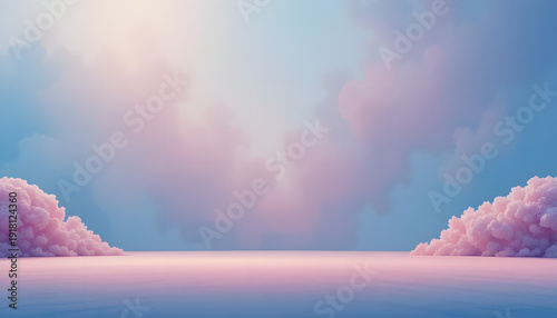 Serene pastel landscape with fluffy pink clouds and blue sky