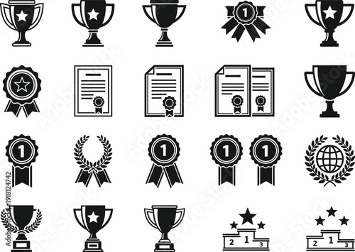 Award Trophy Medal Certificate and Badge Icon Vector Set Black and White Achievement Winner Collection Illustration