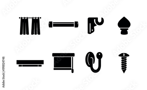 Home window treatment items: curtain panel, curtain rod, wall bracket, finial, blind rail, roller shade, tieback hook, mounting screw