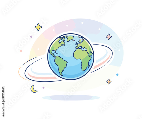 Steady personal direction and identity while environments subtly evolve framed as cosmic continuity, a planet moving smoothly forward through a softly