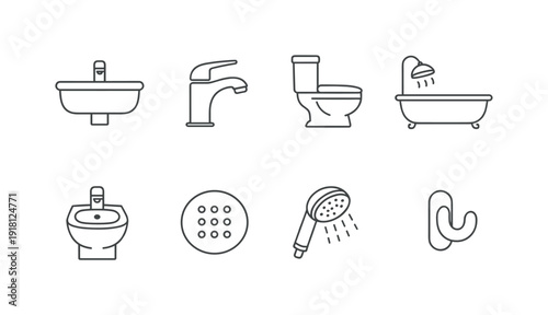 Home bathroom fixtures: washbasin, faucet, toilet, bathtub, shower head, bidet, drain cover, towel hook