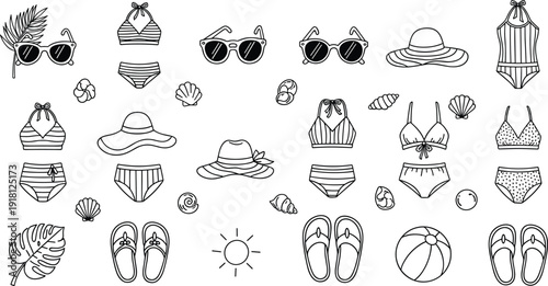 Comprehensive collection of summer beach fashion vector elements featuring polka dot bikinis wide brim sun hats sunglasses flip flops sea shells and sunscreen bottles in black and white line art
