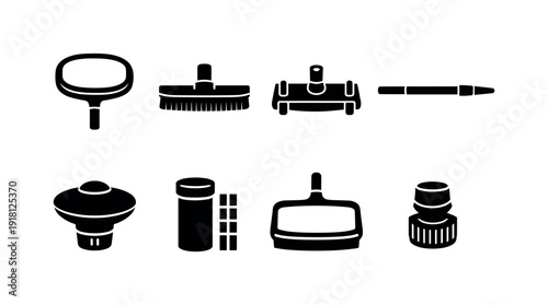 Outdoor pool maintenance tools: pool skimmer, pool brush, vacuum head, telescopic pole, chlorine floater, test strip vial, leaf rake, hose connector