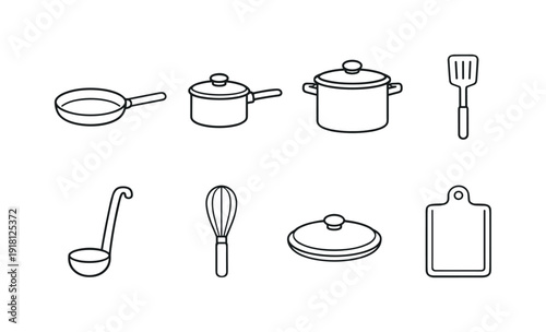 Kitchen cooking basics: frying pan, saucepan, stock pot, spatula, ladle, whisk, pot lid, cutting board