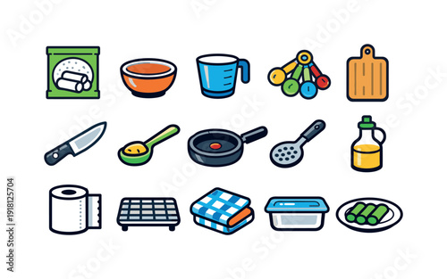 Home spring roll cooking tools: rice paper pack, mixing bowl, measuring cup, measuring spoon, cutting board, chef knife, filling spoon, frying pan