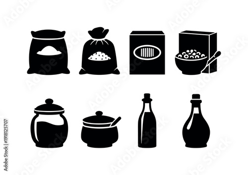 Home pantry dry goods: flour bag, rice sack, pasta box, cereal box, sugar jar, salt cellar, oil bottle, vinegar bottle