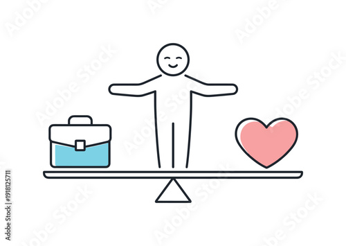 Healthy work life balance in a modern professional routine emphasizing well being alongside performance, a person standing between a briefcase and a