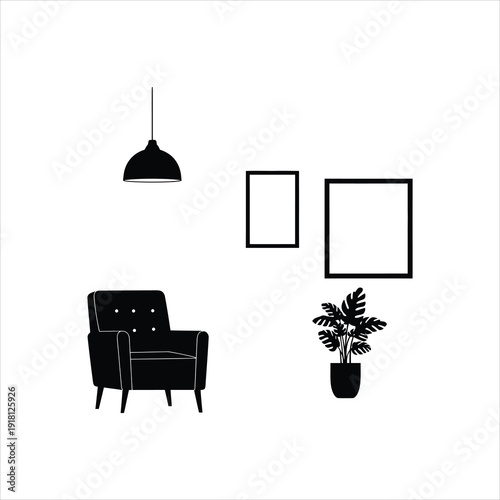 Black silhouette of a cozy reading nook with an armchair, pendant lamp, framed pictures, and a potted plant. Minimalist interior decor illustration.