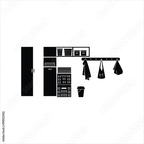Black silhouette of a laundry room or mudroom with storage cabinets, shelves, baskets, bucket, and hanging clothes. Organized home space vector.