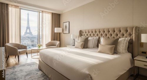 Luxurious hotel room with a view of the eiffel tower in paris