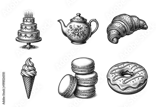 Set of vintage engraved illustrations featuring a tiered cake, floral teapot, croissant, ice cream cone, macarons, and glazed donut in a classic woodcut style.