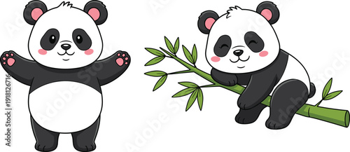 Two Cute Cartoon Pandas One Standing and One Sitting on Bamboo on White Background vector