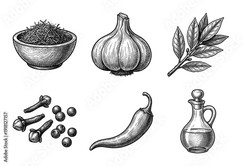 Vintage woodcut style collection of culinary spices and kitchen ingredients featuring garlic, chili pepper, bay leaves, and olive oil