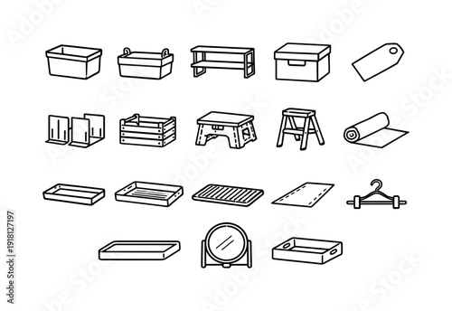 Home pantry storage items: storage bin, fabric basket, shelf organizer, storage box, label tag, divider insert, storage crate, folding stool, step