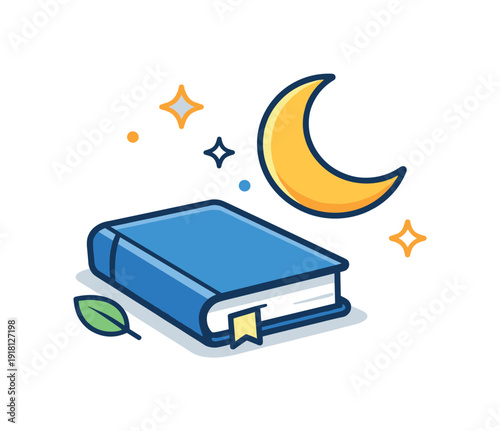 Calm evening routine and emotional wind down after a full everyday schedule, a closed book combined with a crescent moon representing screen free time