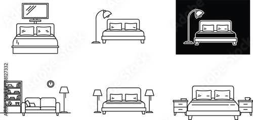 Bedroom furniture interior outline icon set bed nightstand lamp vector collection isolated on white background