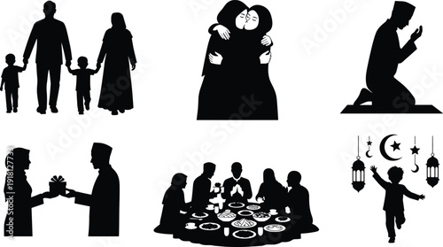 Eid celebration silhouettes, family unity, prayer devotion, gift exchange, festive dining, lanterns, crescent moon, Ramadan festival, Islamic holiday illustration art